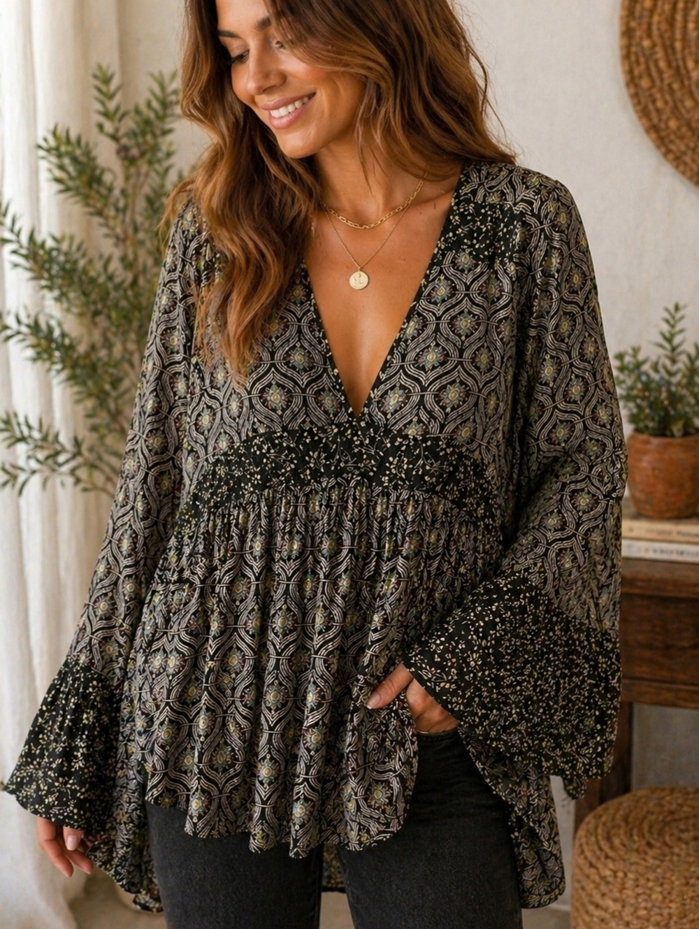 Free People Blouse Womens M Boho Geometric Floral Peplum Bell Sleeve Top